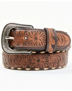 Cody James Men's Lasered Floral Pattern Cream Lace Leather Belt