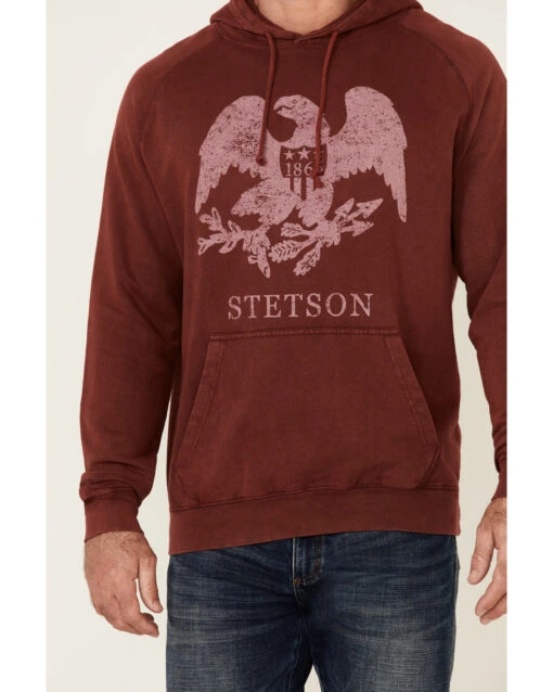 Stetson Men's Red Mineral Wash Distressed Eagle Graphic Hooded Sweatshirt - Image 3