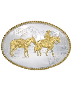 Montana Silversmiths Etched Mountains Pack Horse & Rider Western Belt Buckle